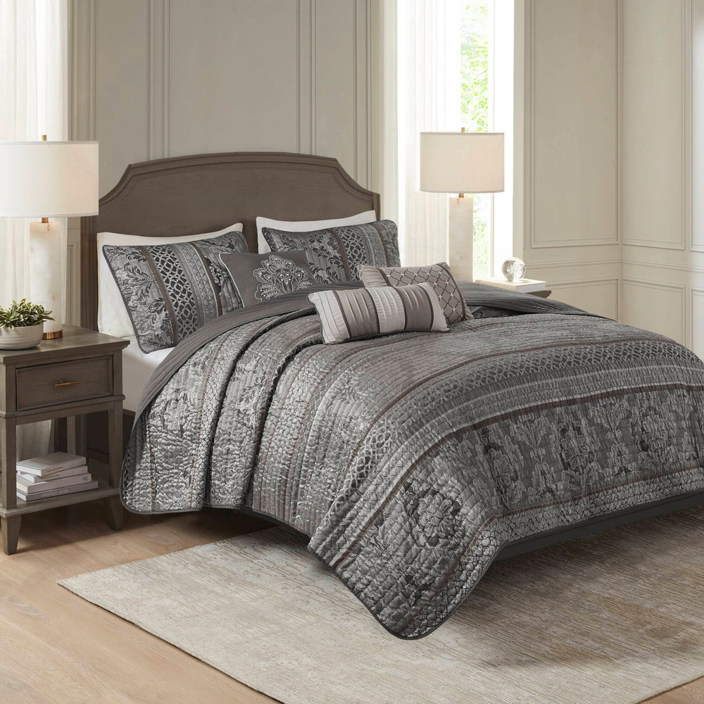 6-Piece King/Cal King 6 Piece Jacquard Quilt Set with Throw Pillows,Grey Media 12
