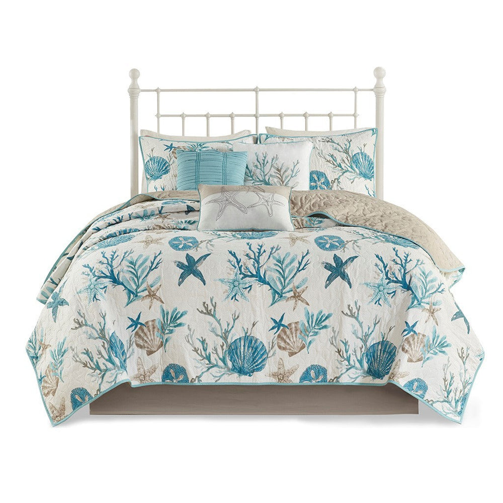 6 Piece Cotton Sateen Quilt Set with Throw Pillows Aqua King/Cal King Media 8
