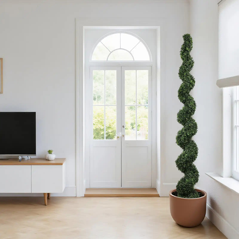 7FT Spiral Topiary Trees Artificial Outdoor Faux Boxwood Plants Large Twisted Green Potted Trees with Dark Green Leaves for Garden Front Porch Patio Planter Decoration, 1pc/set