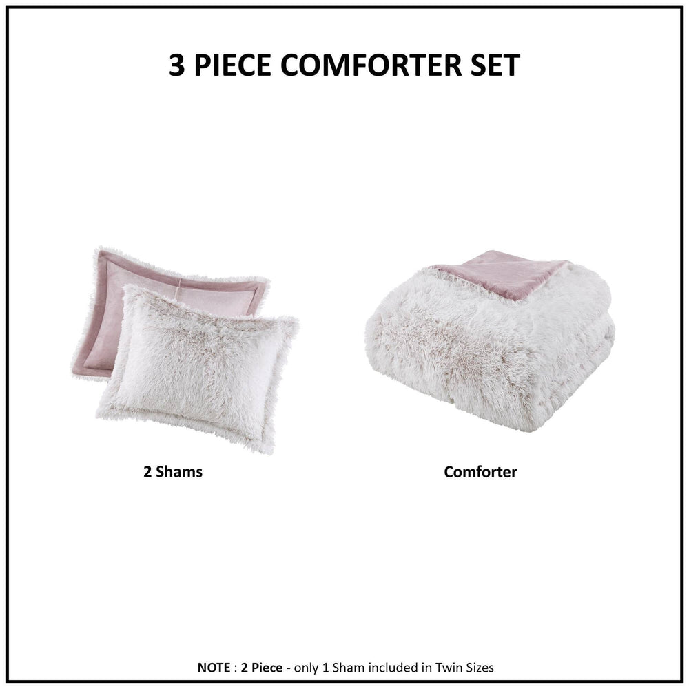 3 PCS Full/Queen Shaggy Faux Fur Comforter Mini Set Pink/White Media 11