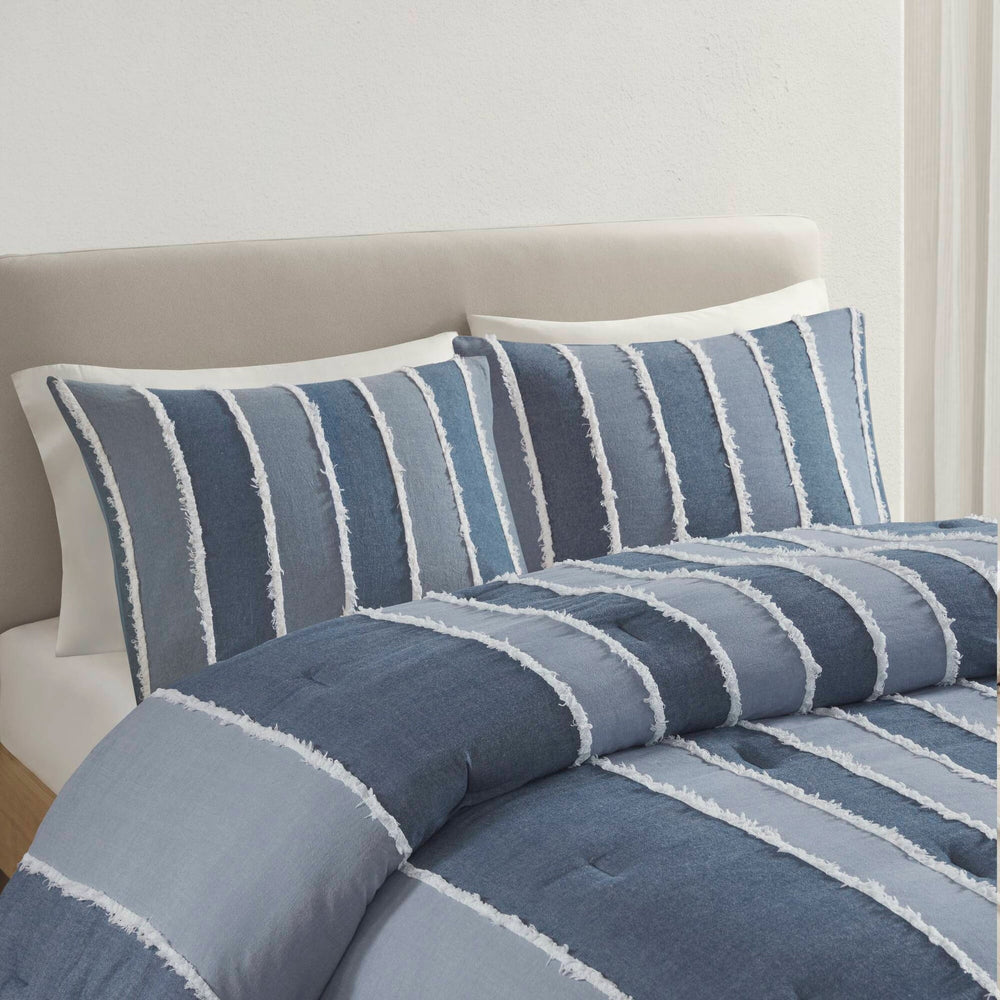 3 Pieces Full/Queen Striped Cotton Comforter Set,Blue Media 19