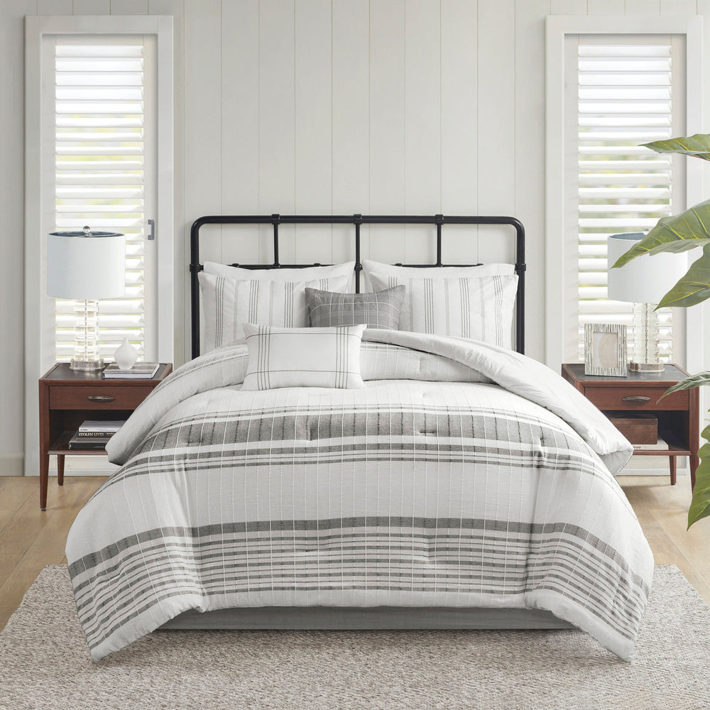 6 Piece Cotton Jacquard Oversized Comforter Set White/Grey Cal King Media 1