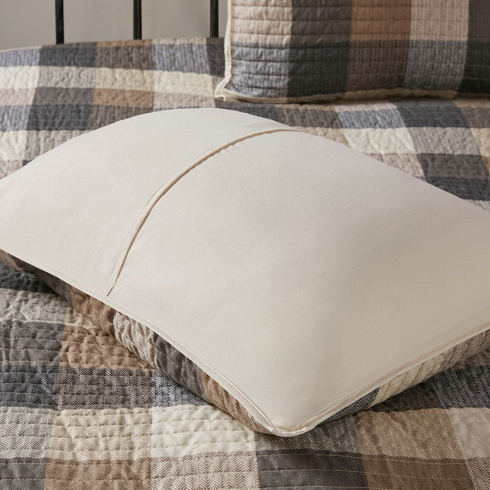6 Piece Printed Herringbone Quilt Set with Throw Pillows Neutral Full/Queen Media 13