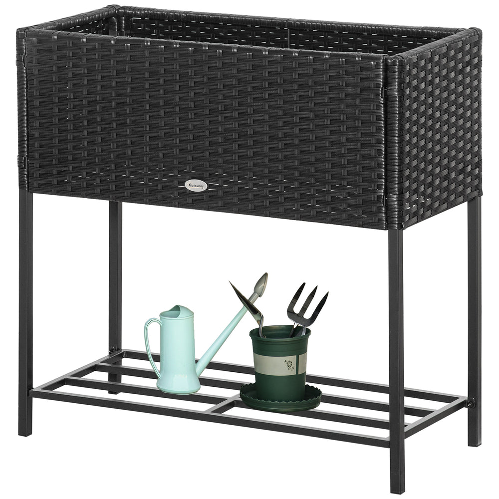 Outsunny Raised Garden Bed, Elevated Planter Box with Rattan Wicker Look, Tool Storage Shelf, Portable Design for Herbs, Vegetables, Flowers, Black Media 10