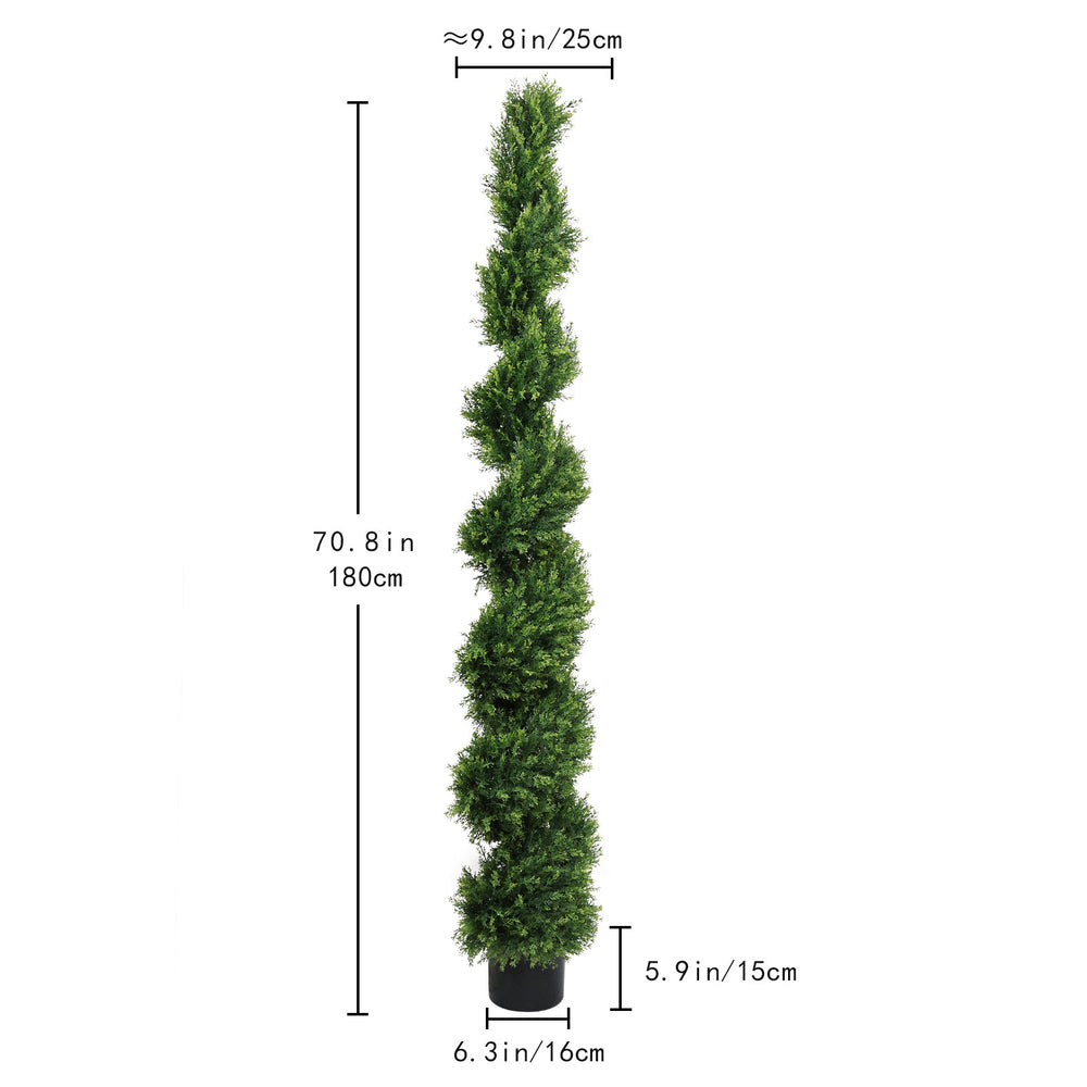 6FT two-tone spiral-shaped potted cedar tree; a realistic evergreen plant, suitable for decorating outdoor gardens, porches, patios, etc.; 2pcs/set Media 3
