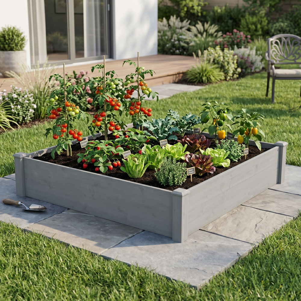 Raised Garden Bed 48x48x10'', Outdoor Wood Planter Box Over Floor, Tool-Free Assembly Media 2