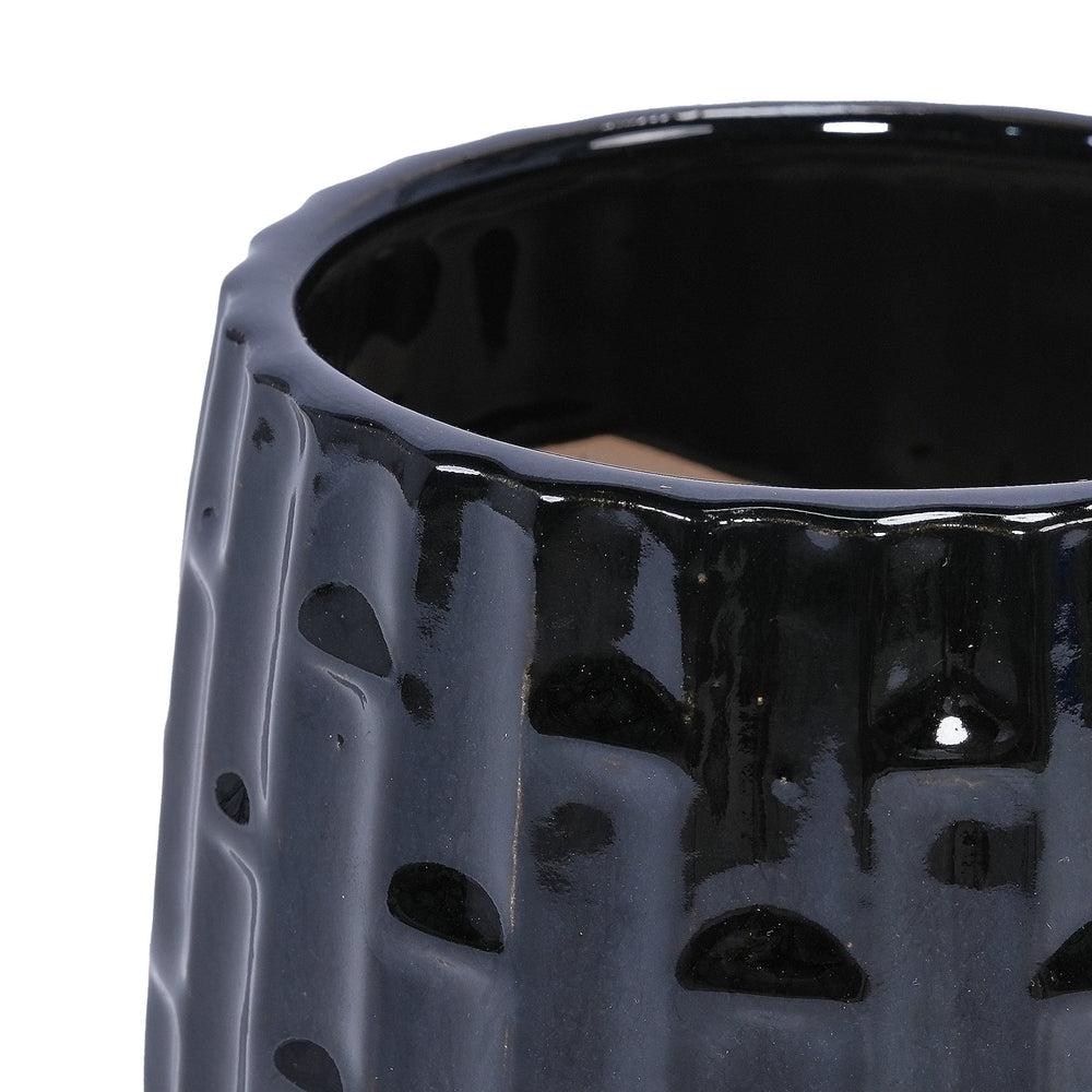 Handmade Ceramic Flower Pot with Groove Pattern, 6 & 8 Inch Diameter, Black Color for Orchids, Indoor/Outdoor Use on Windowsill & Bookshelf, Breathable Clay with Saucer Media 14