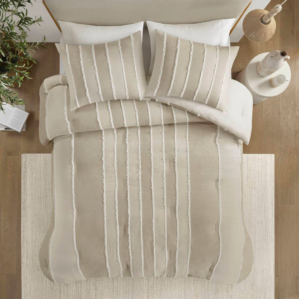3 Piece Striped Cotton Comforter Set Taupe Full/Queen Media 3
