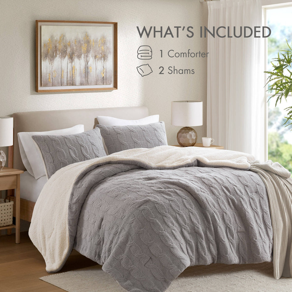 3 Pieces King/Cal King Cable Knit Chenille Comforter Set,Gray Media 10