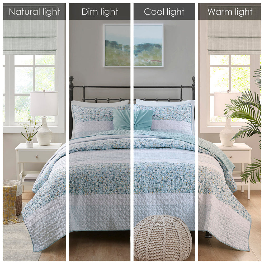 Full/Queen 4 Piece Seersucker Quilt Set with Throw Pillow Media 9