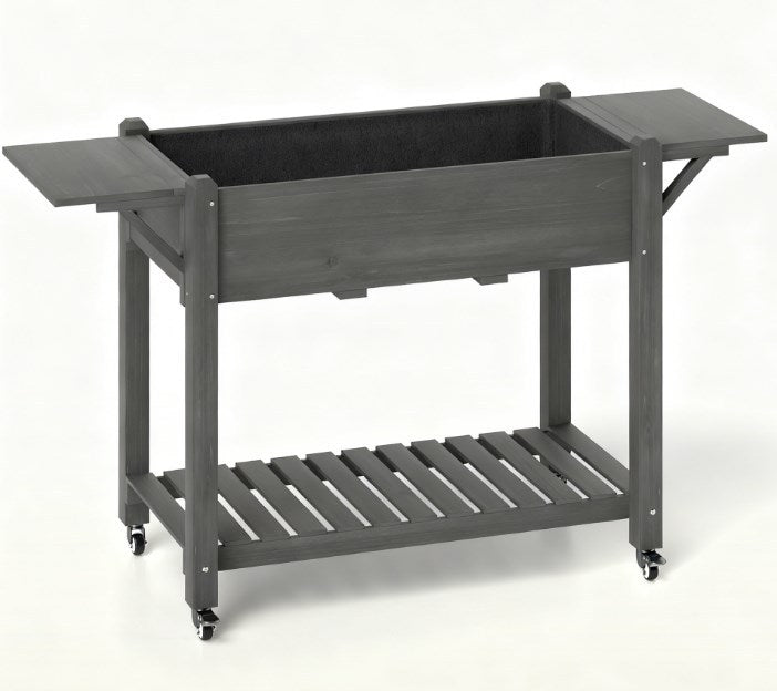 Elevated Garden Bed,Wood Raised Planter Box,with Lockable Wheels,Side Tables,Bottom Shelf,Drain Holes Media 2
