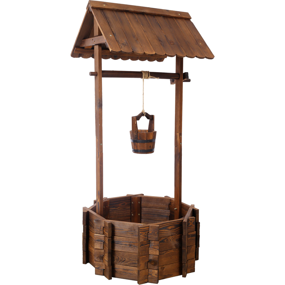 Rustic Wooden Wishing Well Planter Outdoor Home Décor for Patio, Garden, Yard w/Hanging Bucket Media 2