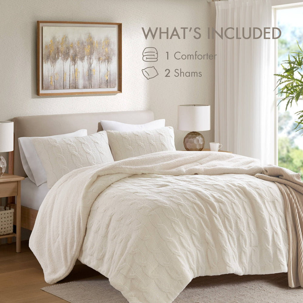 3 Pieces King/Cal King Cable Knit Chenille Comforter Set,Ivory Media 3
