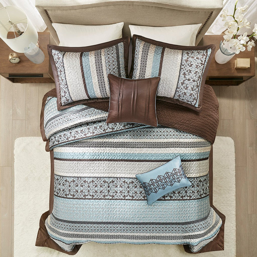 5 Piece Reversible Jacquard Bedspread Set Blue King Media 11