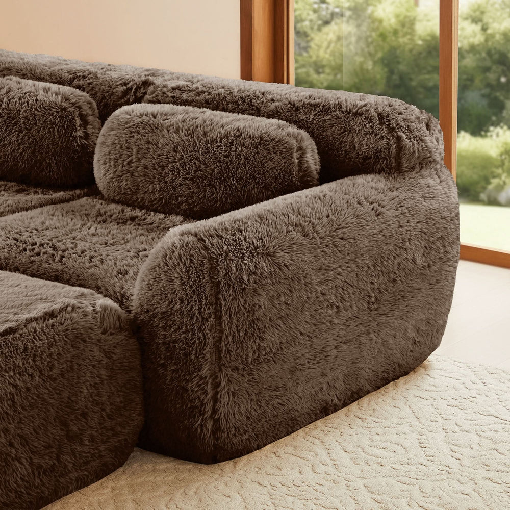 L-Shaped Sofa Plush Fabric With Movable Ottoman & Throw Pillows Chocolate Media 22