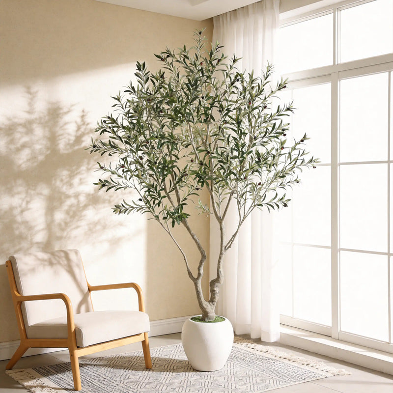 8FT Artificial Olive Tree With Decorative White Pot, Tall Indoor & Covered Outdoor Decorative Tree, 1pc/set