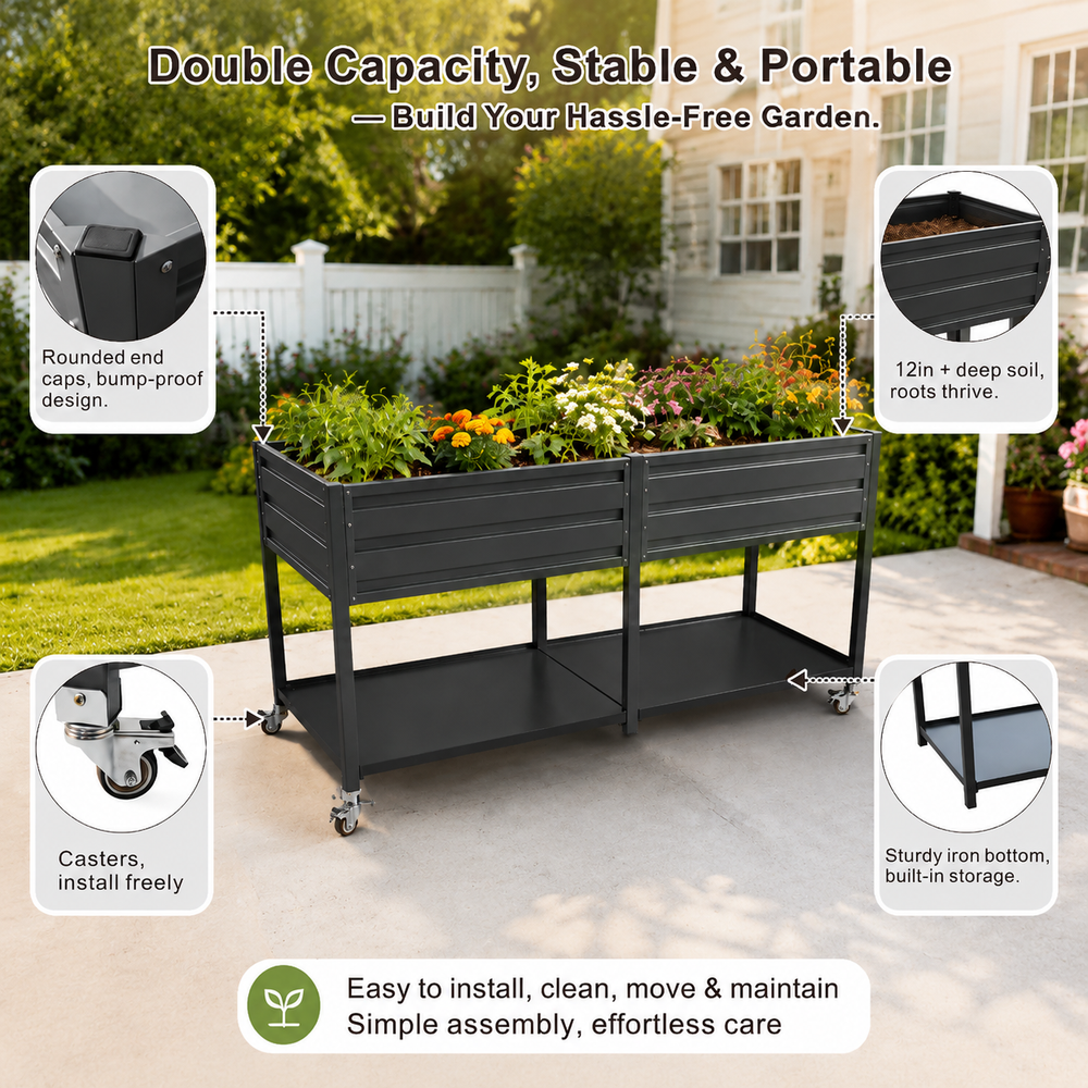 Dual Tier Elevated Metal Raised Garden Bed with Lockable Wheels & Lower Storage Shelf, Dark Gray Staggered Raised Planter Box for Vegetables Herbs Flowers, Outdoor Patio Backyard Raised Planting Bed Media 6