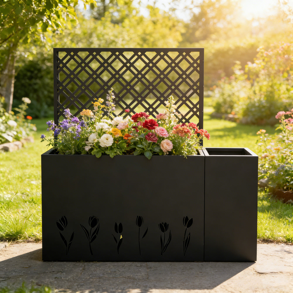 2-Piece Metal Planter Box with Trellis - 23.6in Depth Raised Garden Bed for Outdoor Indoor Use, Rust-Resistant Galvanized Steel Flower Planter with Drainage Holes, Tulip Black Media 2
