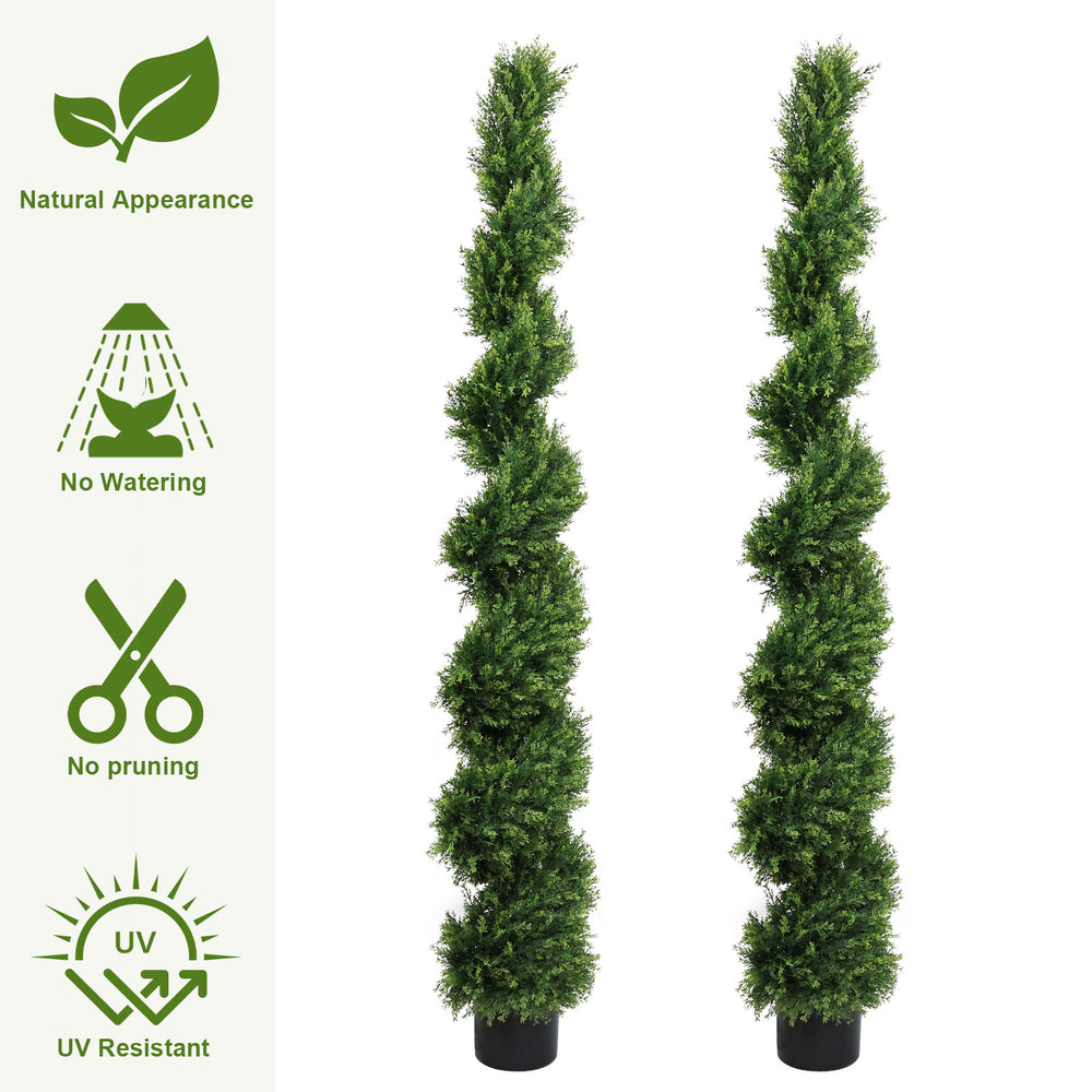6FT two-tone spiral-shaped potted cedar tree; a realistic evergreen plant, suitable for decorating outdoor gardens, porches, patios, etc.; 2pcs/set Media 4