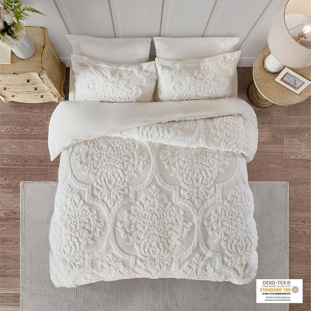 Full/Queen 3 Piece Tufted Cotton Chenille Damask Duvet Cover Set Media 7