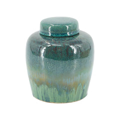 Round Ceramic Lidded Jar With Reactive Glaze And Subtle Ridges perspective