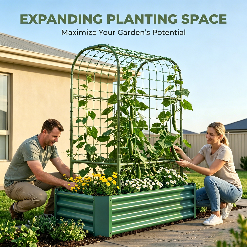 2-in-1 Raised Garden Bed with Trellis - 59' Tall Arch Planter Box for Climbing Plants, Outdoor Galvanized Metal Gardening Bed for Vegetables, Fruits, Flowers (Green, 4x2x1 Ft) Media 6