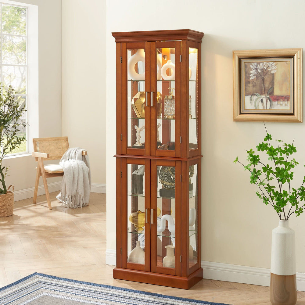 Glass Display Cabinet Tempered Glass Doors Walnut Finish Transitional Media 6