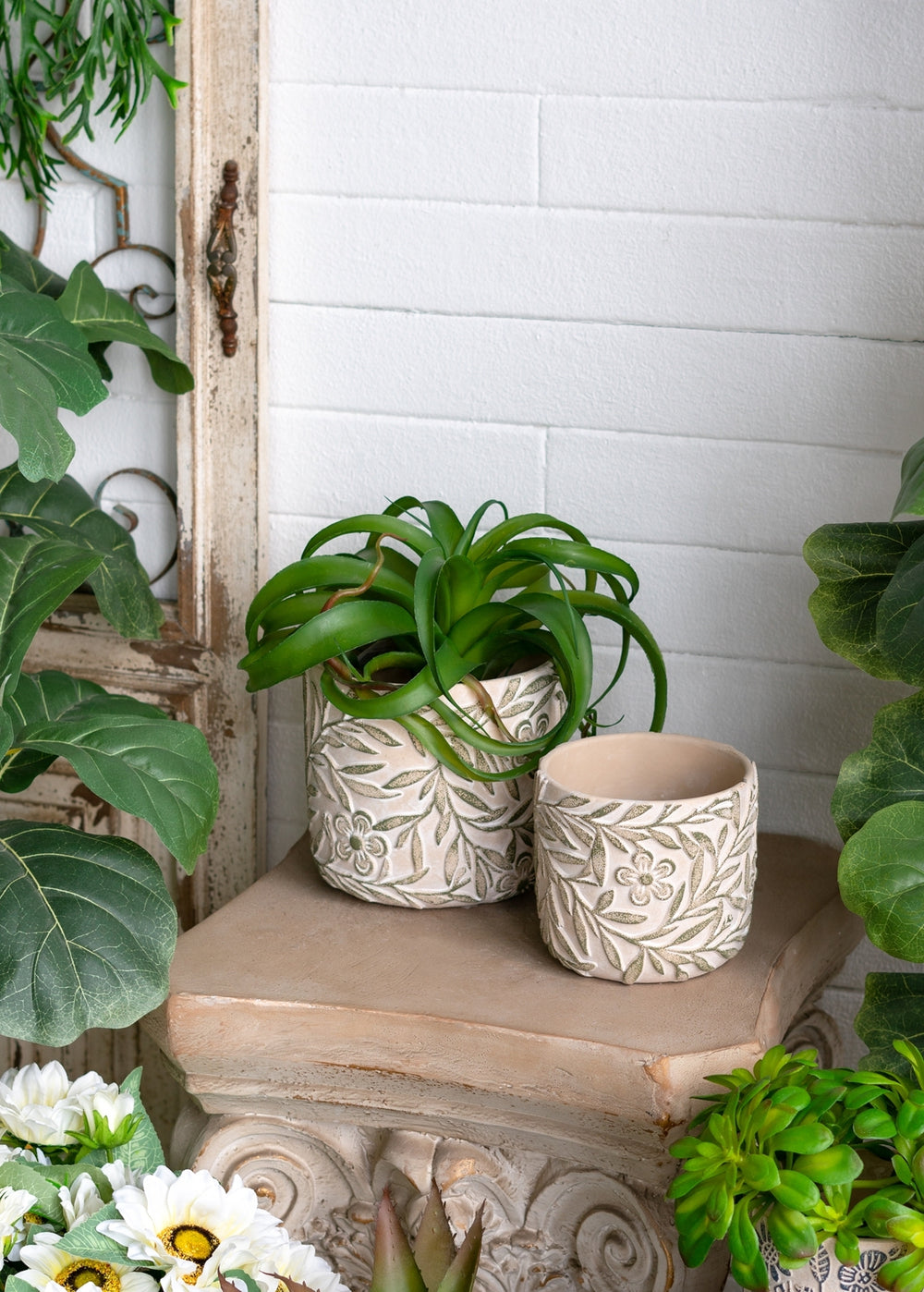 S/2 Gray Sand and Cement Planters with Etched Green Floral Motif, L:D6.7x6.3' S:D5.5x5' Media 11