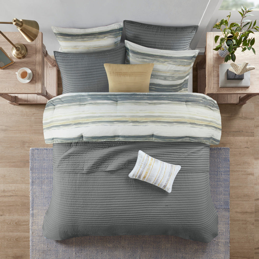 8 Piece Printed Seersucker Comforter and Quilt Set Collection Yellow King/Cal King Media 4