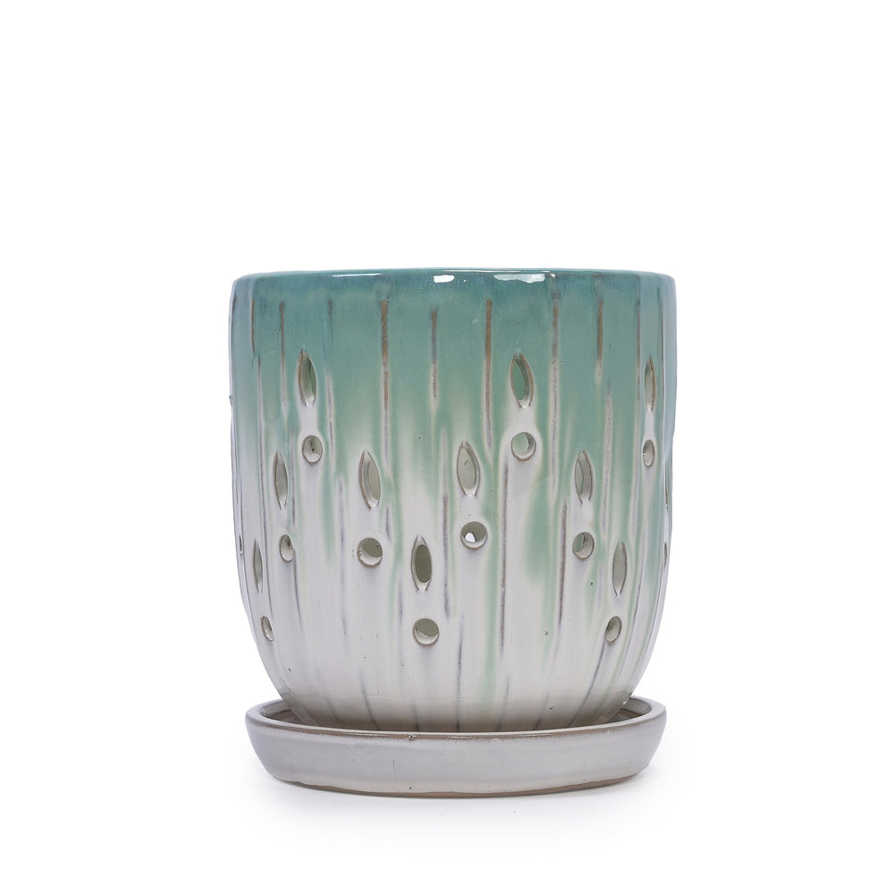 Set of 2 Ceramic Flowerpot with Drainage Hole, 8' Modern Planter for Patio, Garden, Windowsill - White Green Media 5