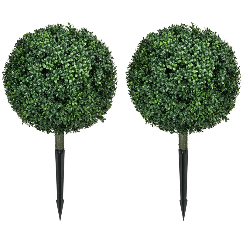 HOMCOM 1.3' (15.7') Artificial Boxwood Topiary Trees with Ground Stake, UV Resistant Set of 2 Ball Shaped Trees, Indoor Outdoor Fake Plants for Home Office & Living Room Décor