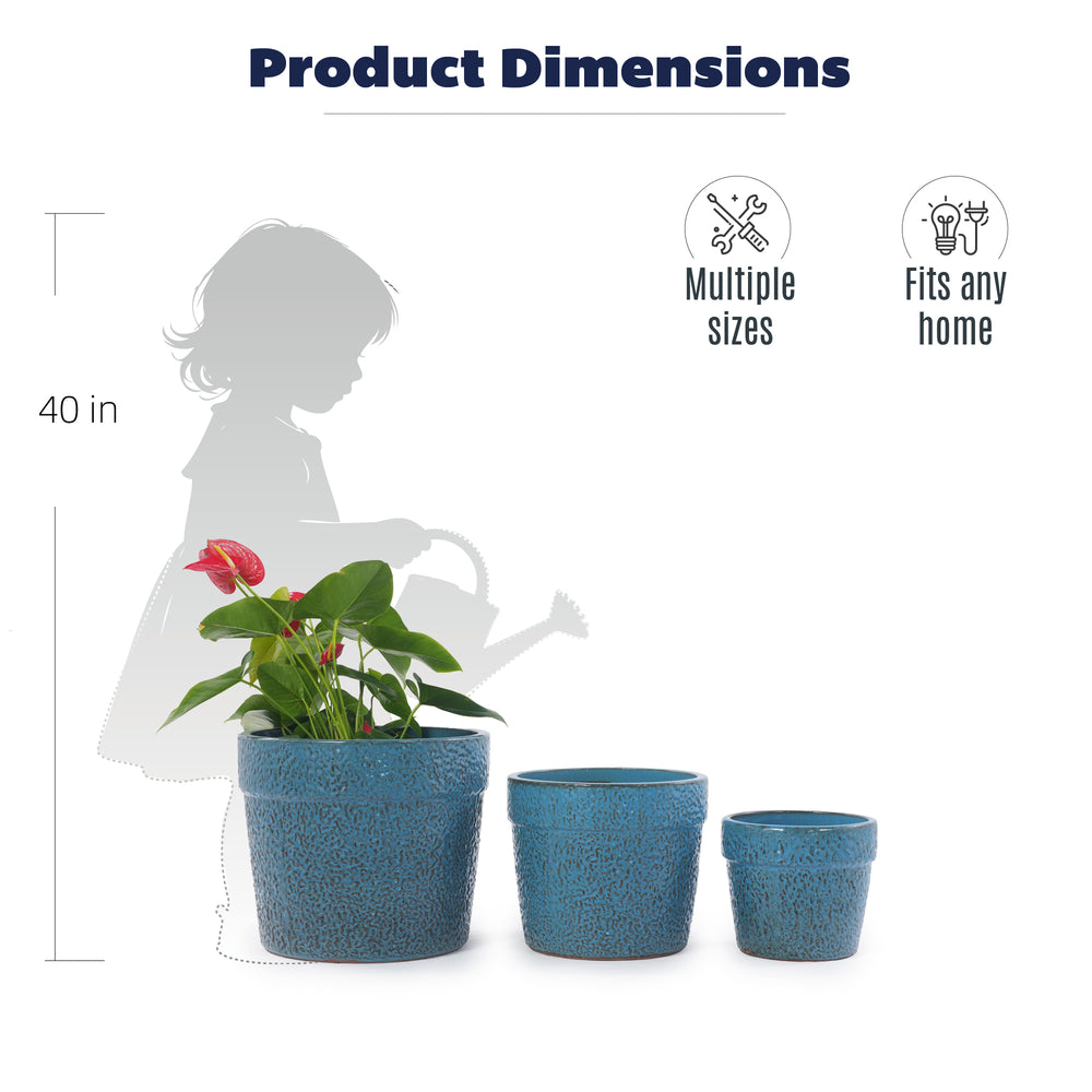 Handmade Ceramic Planter Set of 3, 15/12/9 Inch Diameter, Blue Textured Pattern, for Succulents & Indoor Plants, Windowsill & Bookshelf Use, Breathable Clay Media 6