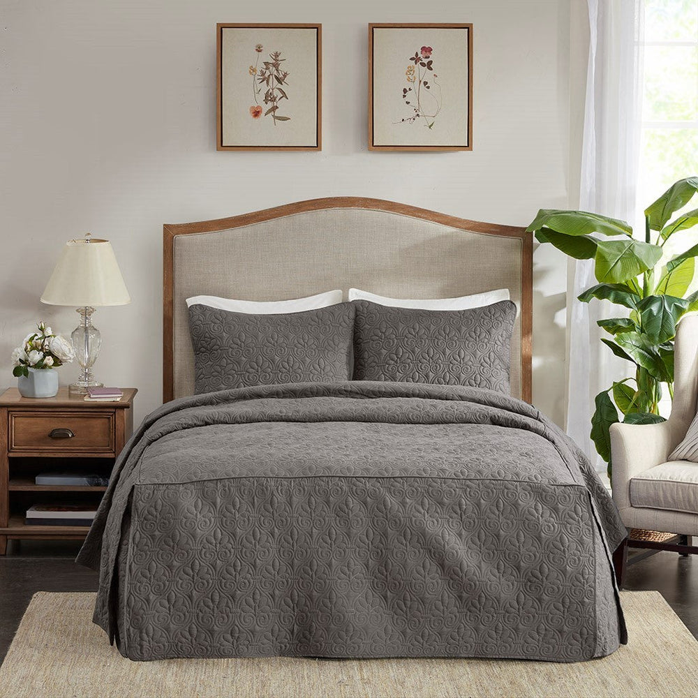 3 Piece Split Corner Pleated Quilted Bedspread Dark Grey King Media 8