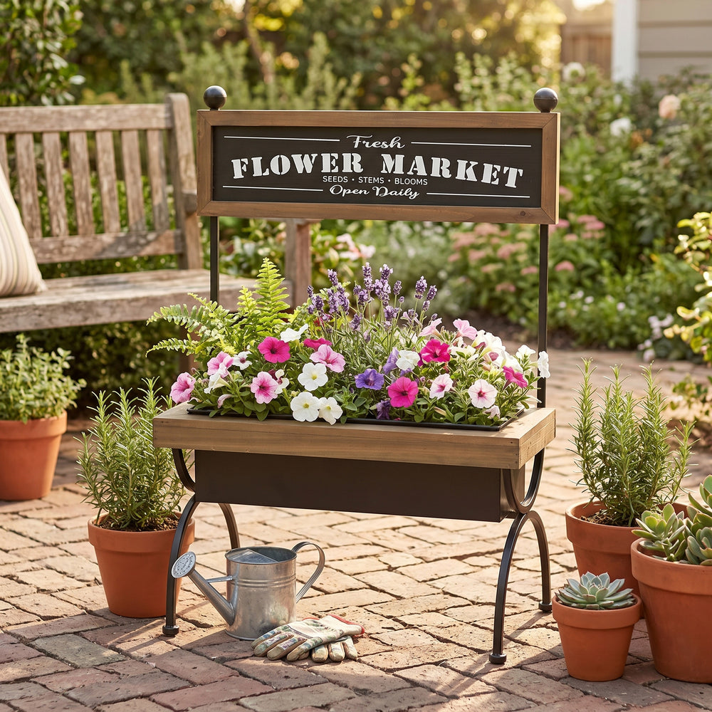 19x11x24' Rustic Brown Wooden Planter Stand with Black Iron Frame Media 7