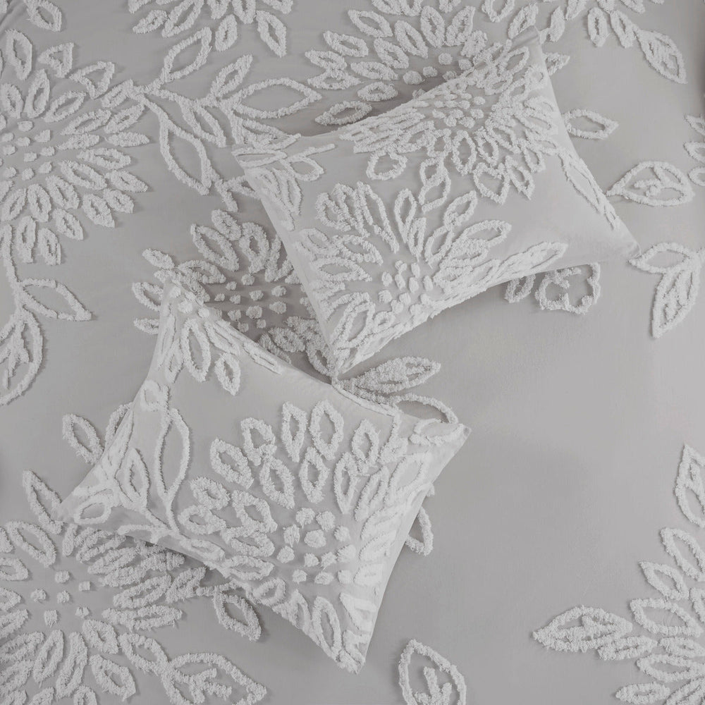 3 Piece Tufted Cotton Chenille Floral Comforter Set Warm Grey/White Full/Queen Media 6