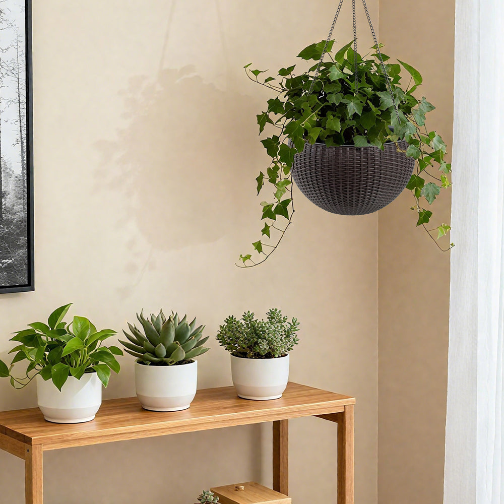 13.4 inch Self-Watering Hanging Rattan-Inspired Planter Large Capacity, Root-Rot Resistant Water Storage with Water Level Indicator, Dual-Use for Indoor & Balcony Decoration (Pack of 2, Brown) Media 11
