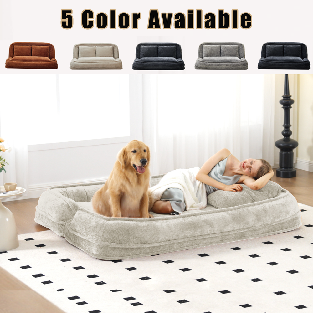 Pet Sofa Bed Chenille 2-In-1 Lounge Couch With 5 Adjustable Positions For People & Pets Beige Media 5