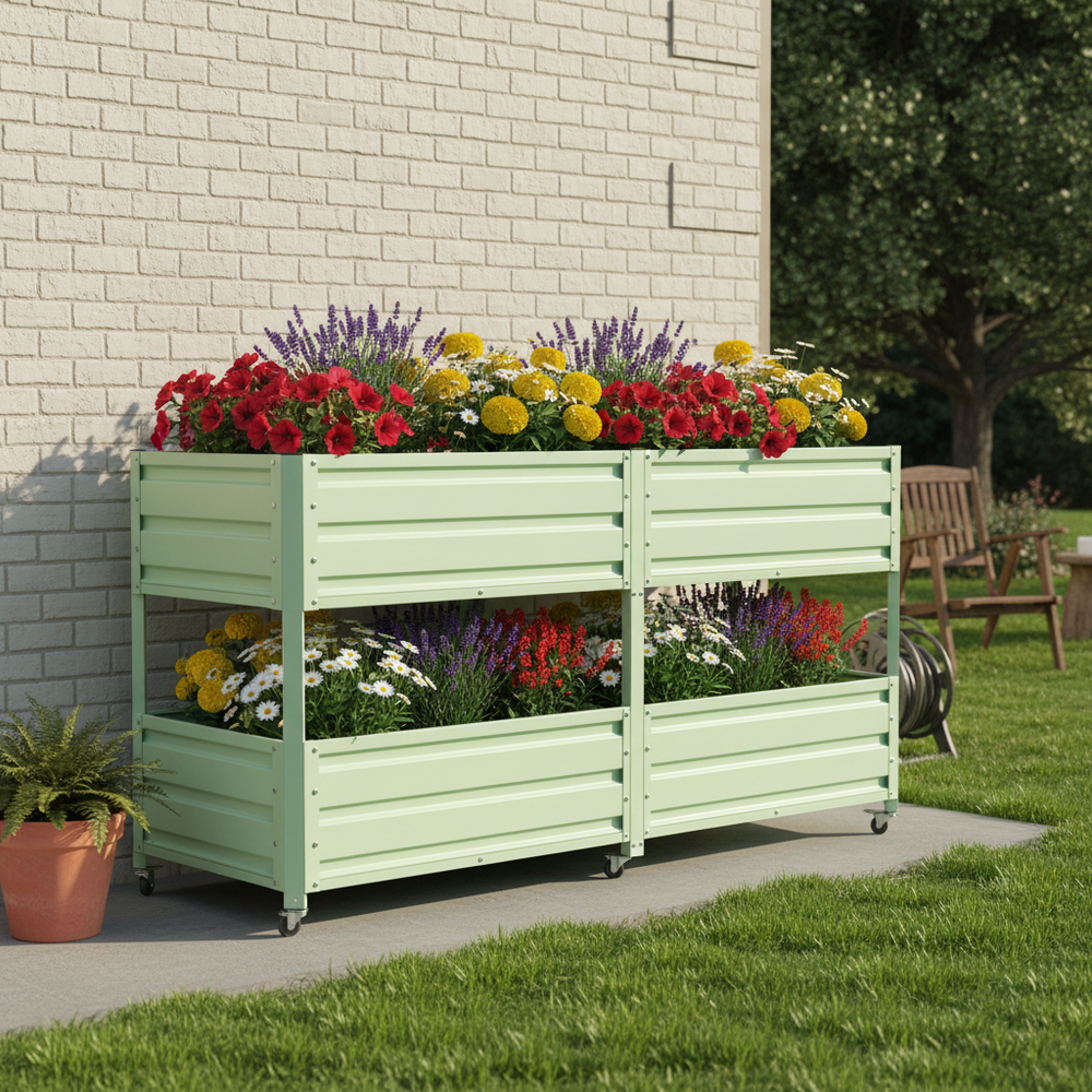 Dual Tier Elevated Metal Raised Garden Bed with Lockable Wheels, Staggered 2-Layer Raised Planter Box for Vegetables Herbs Flowers, Outdoor Patio Backyard Green Planting Bed,Green Media 11