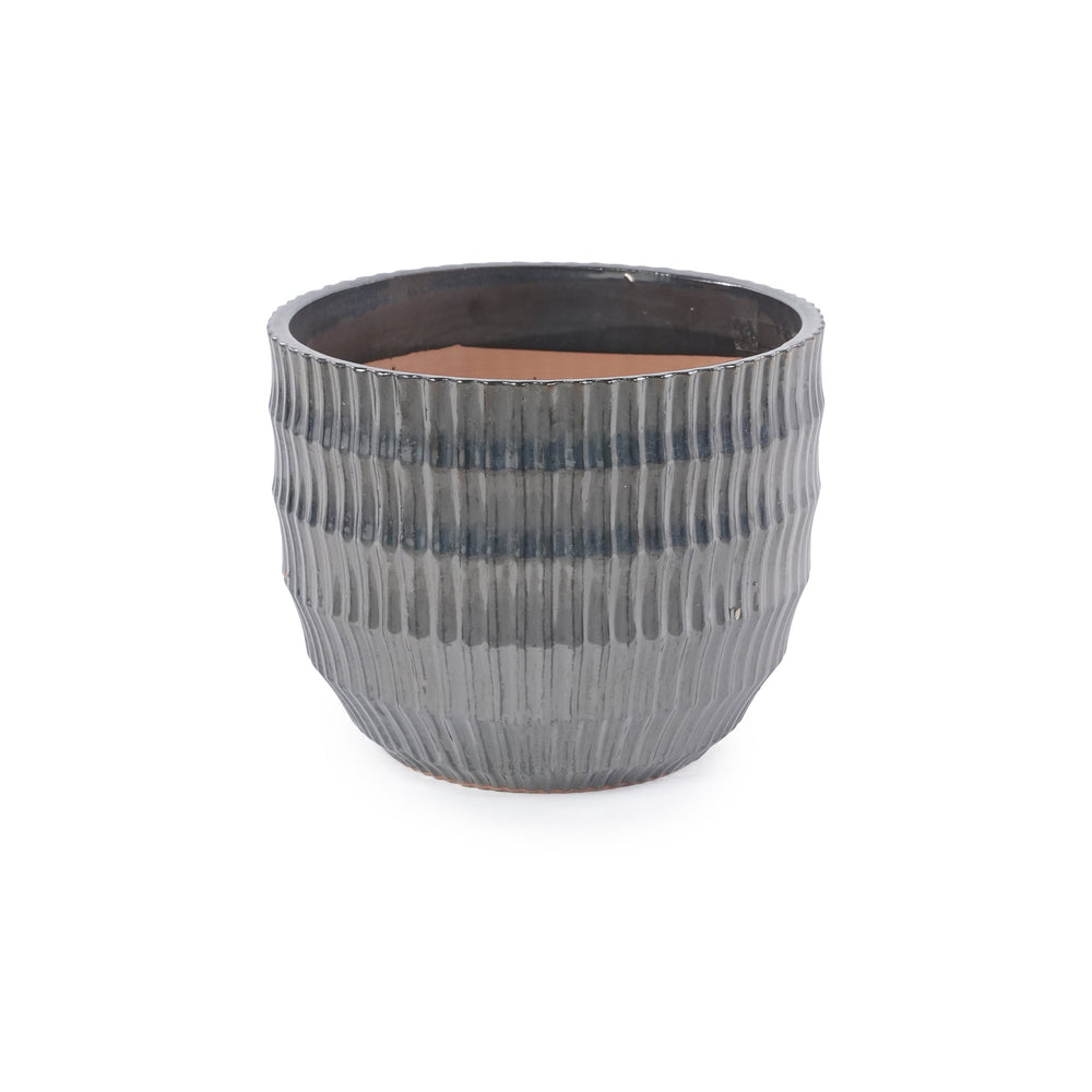 Handmade Matte Metallic Charcoal Gradient Glaze Ceramic Planter Set of 4, 7/9/12/14 Inch, Horizontal Grooves, Indoor & Outdoor Herb Succulent Pots, Breathable Clay with Drainage Holes Media 10