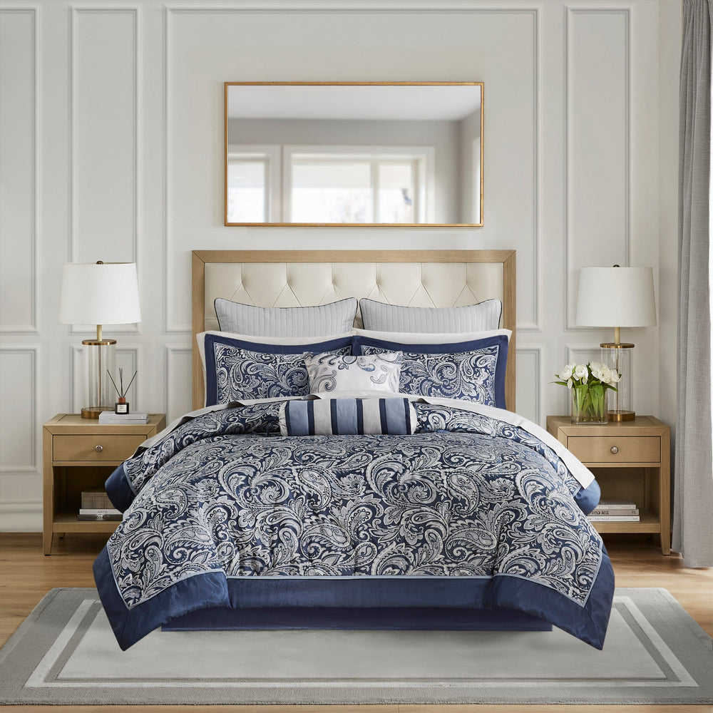 12 Piece Comforter Set with Cotton Bed Sheets Navy Cal King Media 7