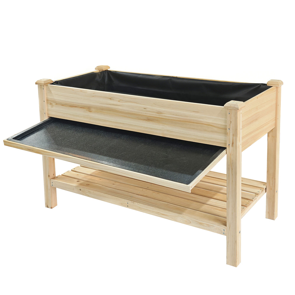 Raised Garden Bed 48x23x31.1-inch Elevated Wood Planter with Water Collection Tray, Storage Shelf, Protective Liner Media 10