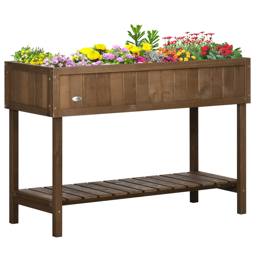 Outsunny 43x18x30in Raised Garden Bed with 8 Pockets and Shelf, Wooden Elevated Planter Box with Legs to Grow Herbs, Vegetables, and Flowers, Dark Brown Media 1