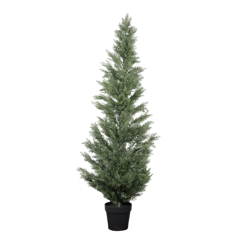 Realistic Artificial Cypress Tree in Black Plastic Pot, UV Resistant Green Fabric Leaves, 60-Inch Indoor Outdoor Topiary Plant for Garden or Entryway Decoration Media 1