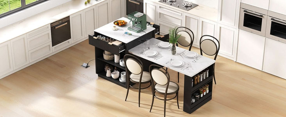 Kitchen Island Modern With Extendable Dining Table & Power Outlet For 4-6 People Black Media 37