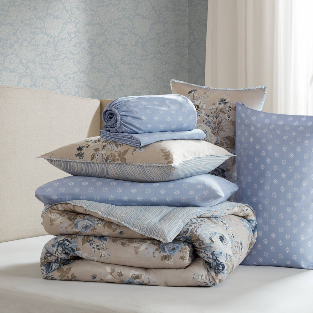 5-Piece Twin 5 Piece Vin -inspired Collection floral print,Beige/Blue Media 10
