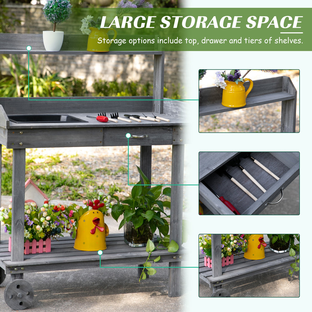 Outsunny 36'' Wooden Potting Bench Work Table with 2 Removable Wheels, Sink, Drawer & Large Storage Spaces, Gray Media 4