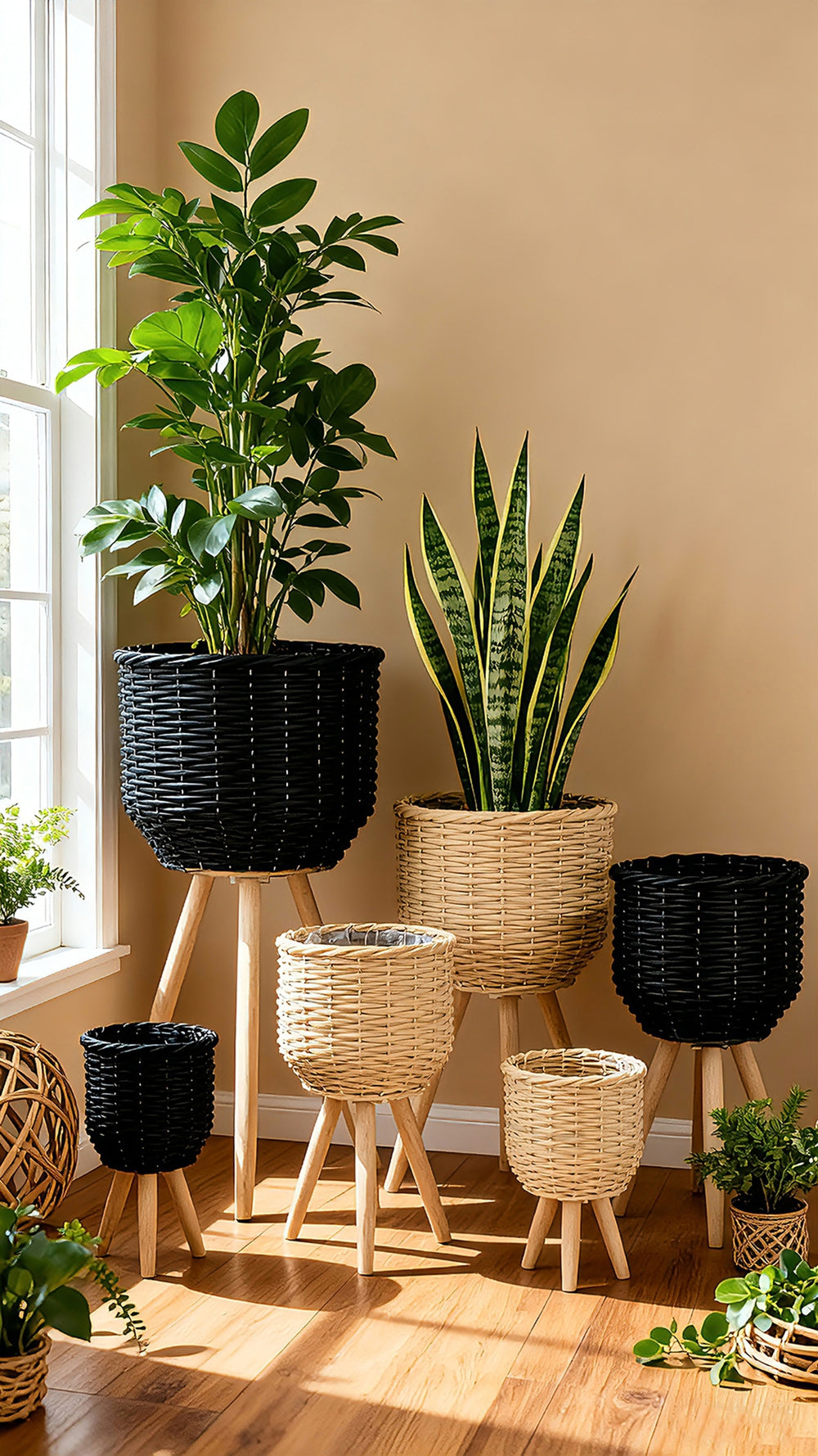Set of 3 Black Poly Rattan Baskets with Rope Texture and Tapered Wooden Legs, L:12x12x23.5' M:10x10x17.5' S:8x8x13.5' Media 9