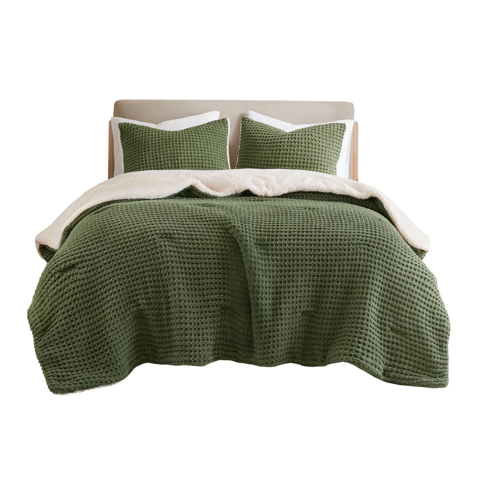 3 Pieces Full/Queen Waffle Knit Chenille Comforter Set,Olive Media 8