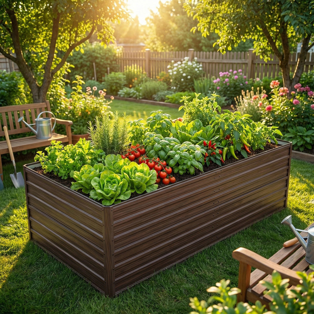 Woodgrain Aesthetic & Metal Strength: 8x4x2FT Galvanized Raised Garden Bed Kit - Large Outdoor Planter Box for Veggies, Fruits, Herbs Media 7