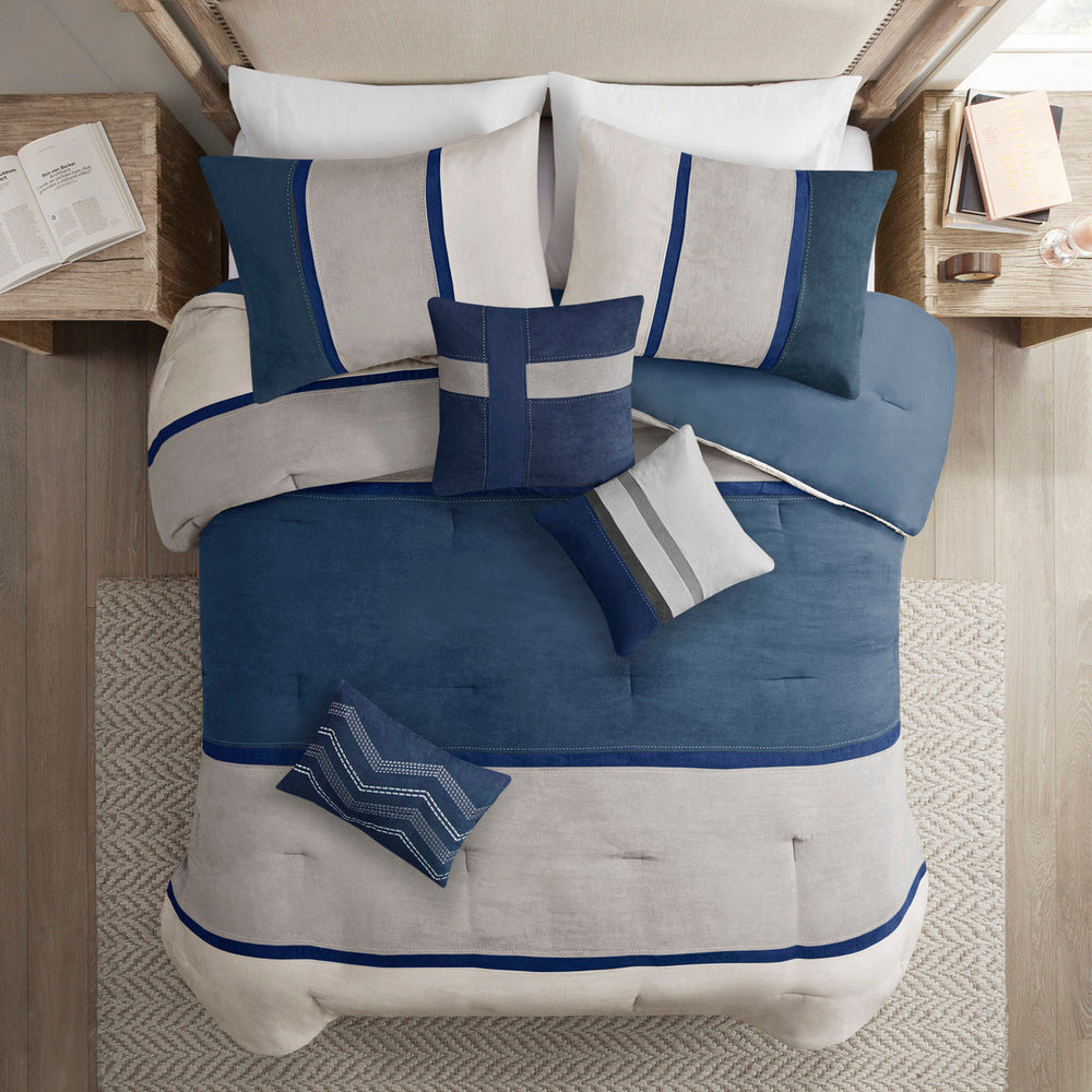 7 Piece Faux Suede Comforter Set Blue King Media 2